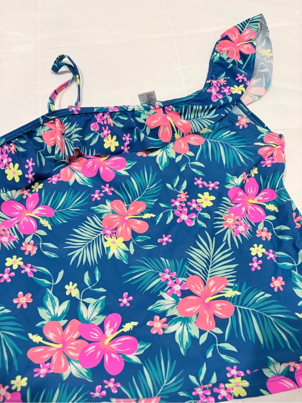Navy Floral Ruffle Tankini with Pink Flowers